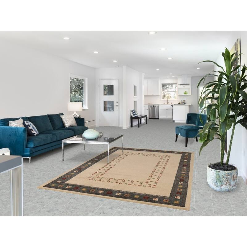 Geometric Beige Gabbeh Area Rug Hand-Tufted Wool Carpet - 5'3" x 7'7"