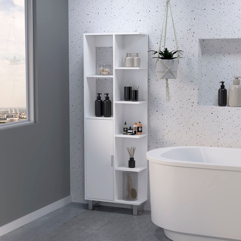 Quimby Linen Cabinet, with 1 door and 9 shelves, White - White