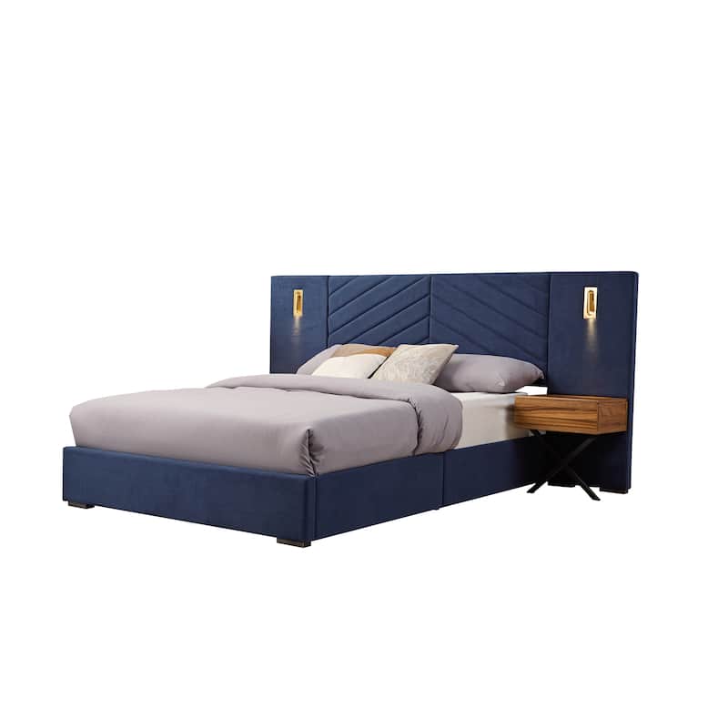 King Size Velvet Bed Frame/Vertical Channel Tufted Wingback Headboard/Upholstered Platform Bed