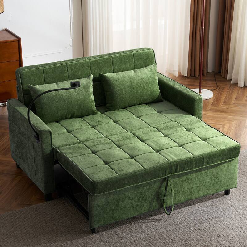 Loveseat Sofa Pull-out Sofa Bed with a Reversible Backrest Cushion, Side Pockets, Two USB Ports and a Phone Holder
