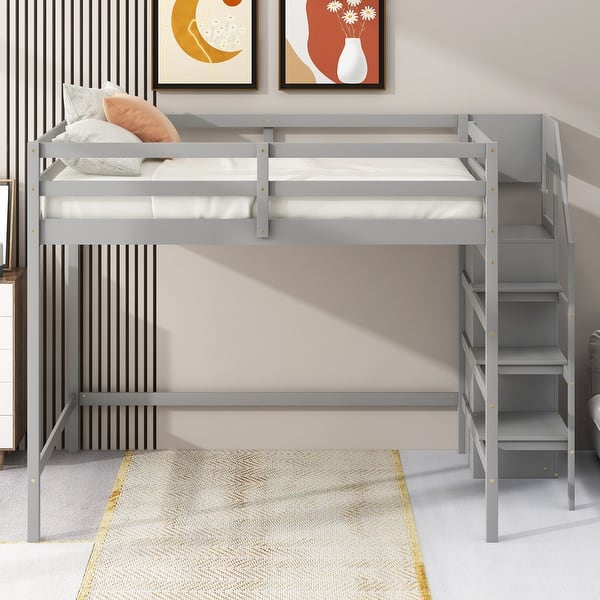 slide 2 of 25, Full Size Loft Bed with Built-in Storage Wardrobe and Staircase Grey - Full