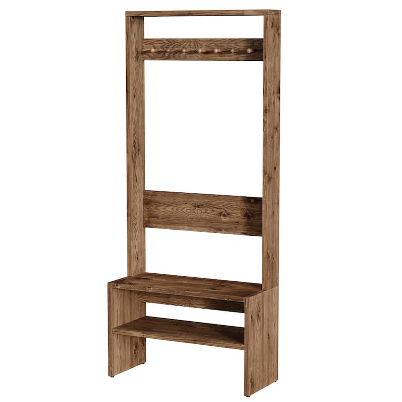 Solid Wood Entryway Hall Tree With Storage Bench And 7 Hooks