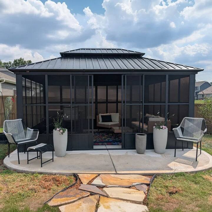 PURPLE LEAF Patio Gazebo for Light Grey Backyard Hardtop Galvanized Steel Frame with Upgrade Curtain