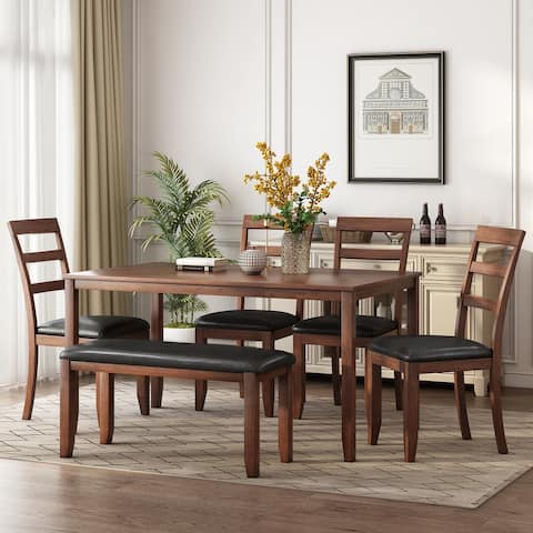 6-Piece Distressed Finish Home Bistro Kitchen Wooden Dining Table Set with 4 Slats Back Chairs and 1 PU Cushioned Bench