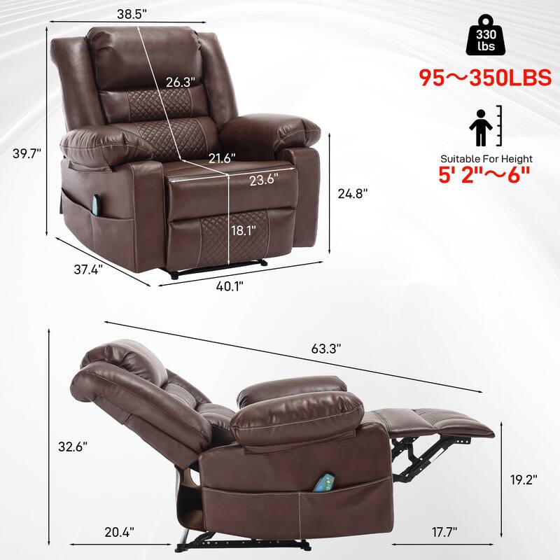 Brown Manual Leather Massage Recliner with 8-Point Vibration, Lumbar Heating, and Various Reclining Positions