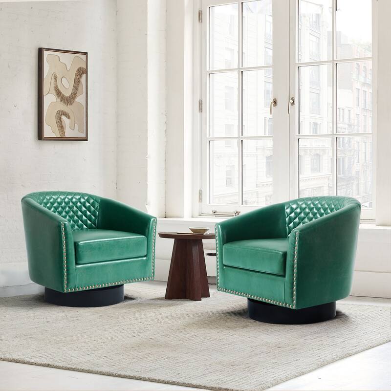 Faux Leather Nailheads Swivel Barrel Chair Set of 2