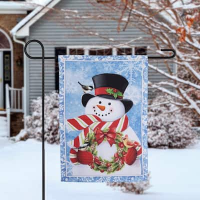 Snowman with Wreath Outdoor Christmas Garden Flag - 18" x 12.5"