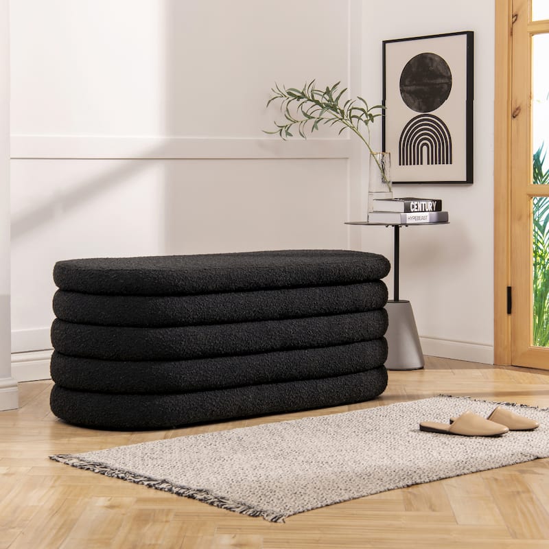Fuji 49" Boucle Faux Sherpa Upholstered Tufted Oval Storage Bench