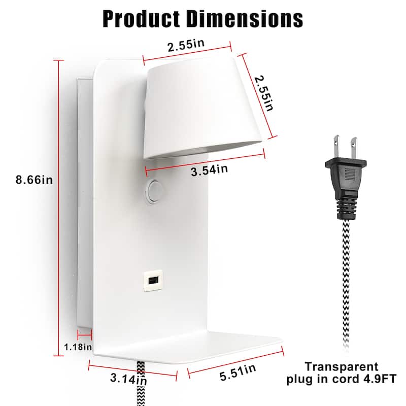 Modern Reading LED Wall Lamp with USB Charging Port Case - Indoor Wall Sconces Adjustable with Shelves for Living Room
