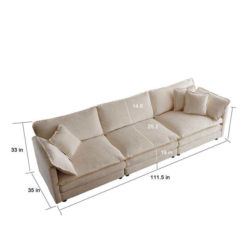 Mid-Century Modern 3-Seater Sofa with 2 Armrest Pillows & 3 Toss Pillows
