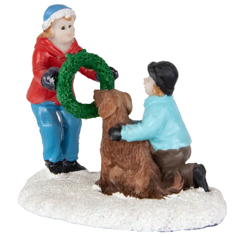 Children with Dog and Wreath Christmas Village Display Piece - 6"