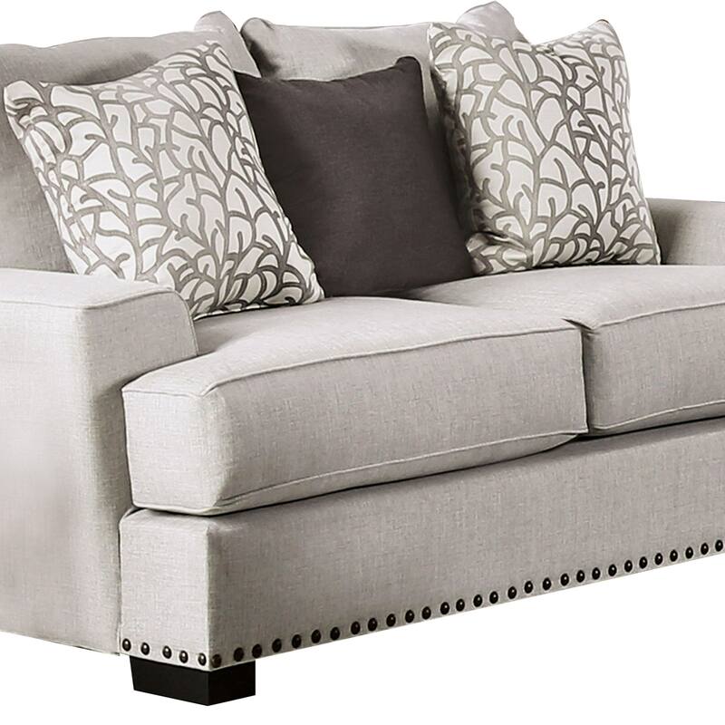 Coty Loveseat, 75 Inch, Light Gray, 3 Throw Pillows, T Shaped Cushion