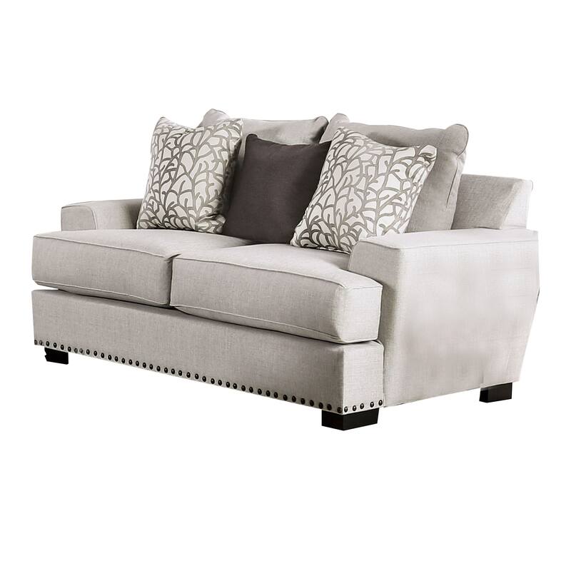 Coty Loveseat, 75 Inch, Light Gray, 3 Throw Pillows, T Shaped Cushion
