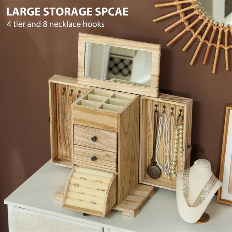 Brown Wooden Jewelry Box with Mirror and Rotating Doors, 4 Tier Storage Drawers for Rings and Necklaces