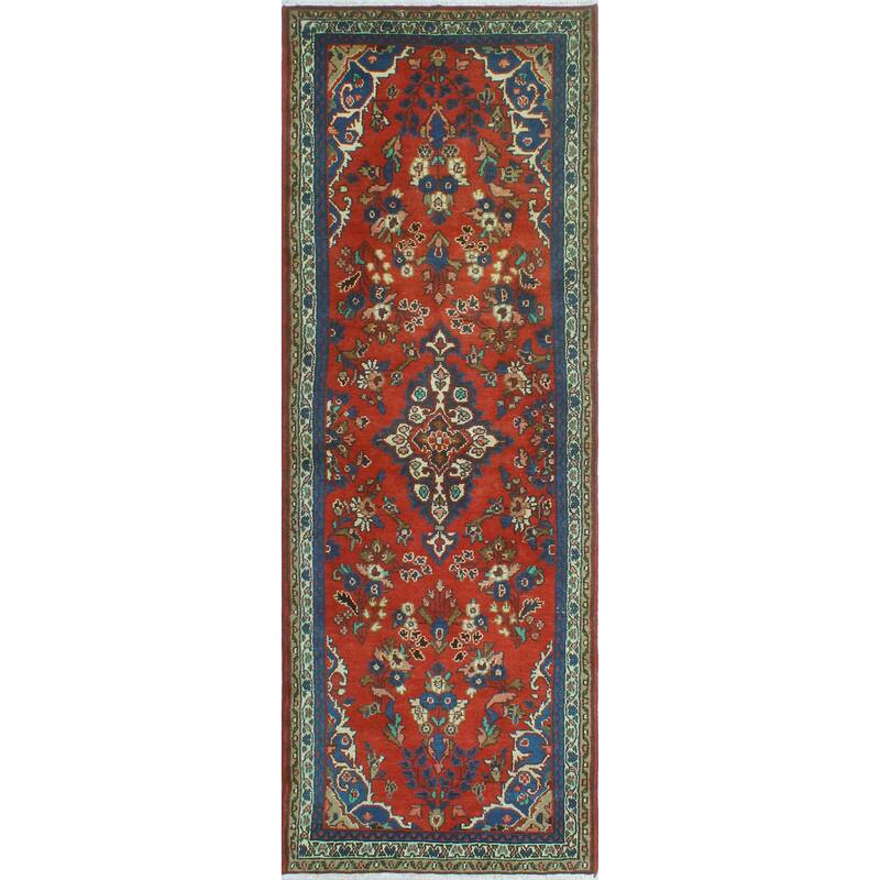 Fine Vintage Distressed Alger Red/Blue Runner - 3'5" x 10'0"