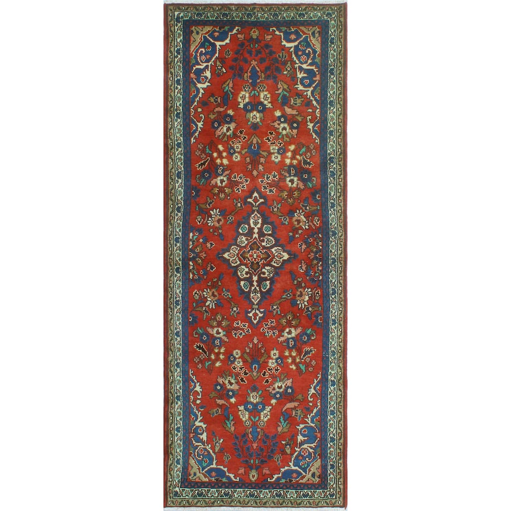 Fine Vintage Distressed Alger Red/Blue Runner - 3'5" x 10'0"