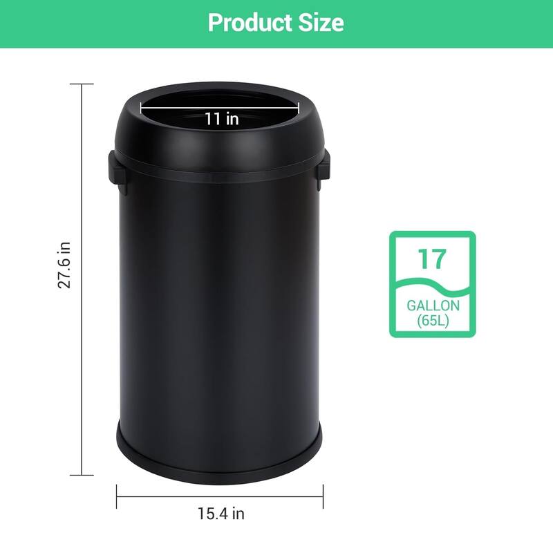 17 Gallon/65 Liter Round Open Top Trash Can, Stainless Steel Commercial Grade Heavy Gauge Trash Bin