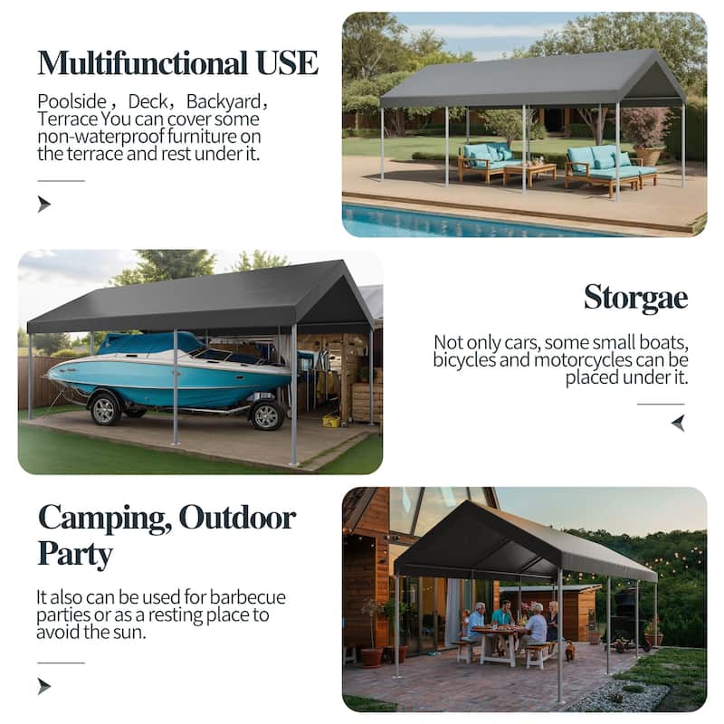 Futzca 10x20ft Heavy Duty Carport with UV Resistant Canopy - N/A