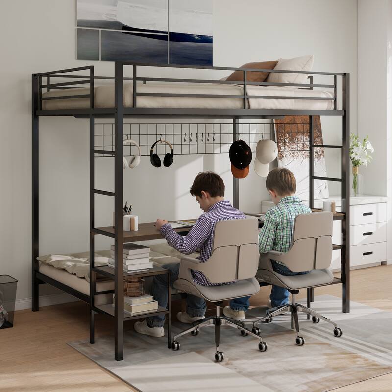 Full Over Twin Bunk Bed with Desk and Charging Station and Shelves and Metal Wire Mesh Panel with Hooks,Safety Guard & Stairs