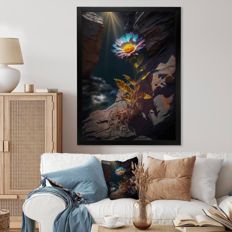 Designart "Fierce Blue Mountain Flower Captures Sunshine" Flowers Framed Canvas Prints - 12 in. wide x 20 in. high - Black