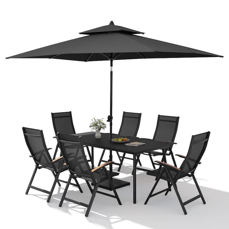 9PC Outdoor Patio Dining Set Wood-Like Aluminum Umbrella Hole Table with Folding Chairs,Double Top Market Umbrella and Base