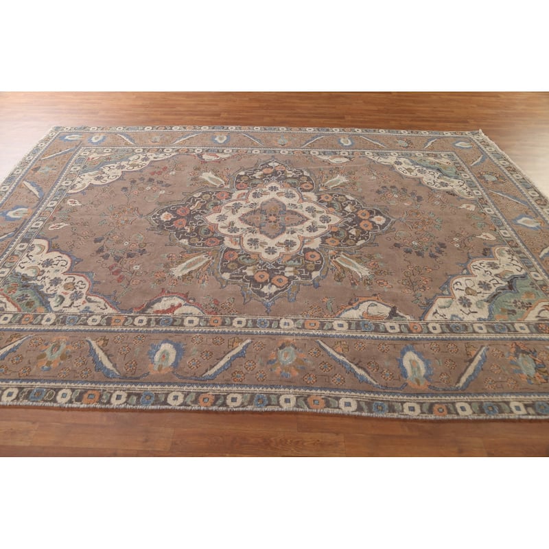 Brown Tabriz Persian Vintage Rug Handmade Wool Carpet - 8'1"x 10'9"