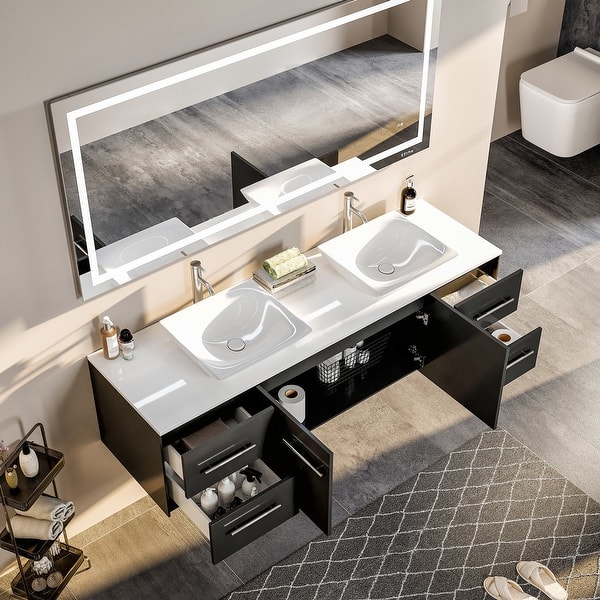 Totti Wave 72 in. W x 16 in. D x 22 in. H Double Bathroom Vanity in Espresso with White Glassos Top with White Sinks