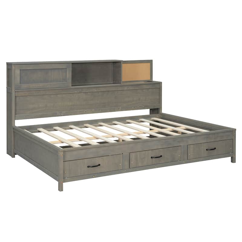 Roomfitters Full Size Wooden Daybed with Storage, USB Ports, Shelf and Soft Backrest Panel, Functional Frame