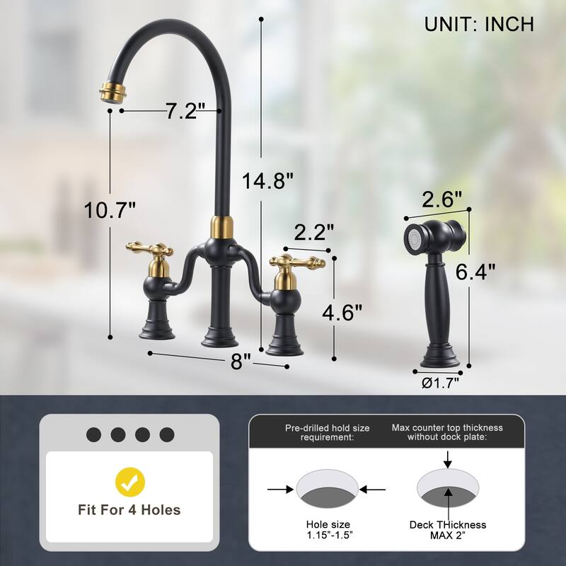 WOWOW Double Handle High Arc Bridge Kitchen Faucet with Side Sprayer
