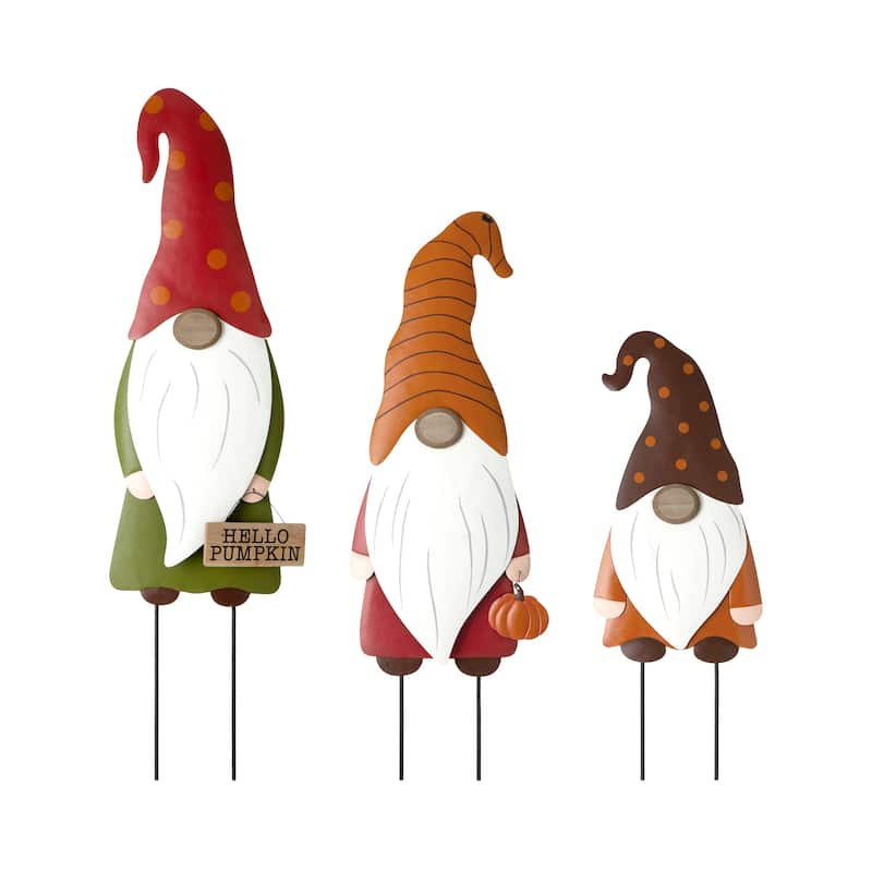Glitzhome Set of 3 Fall Metal Gnome Family Yard Stake Standing Sign Hanging Decor for Thanksgiving