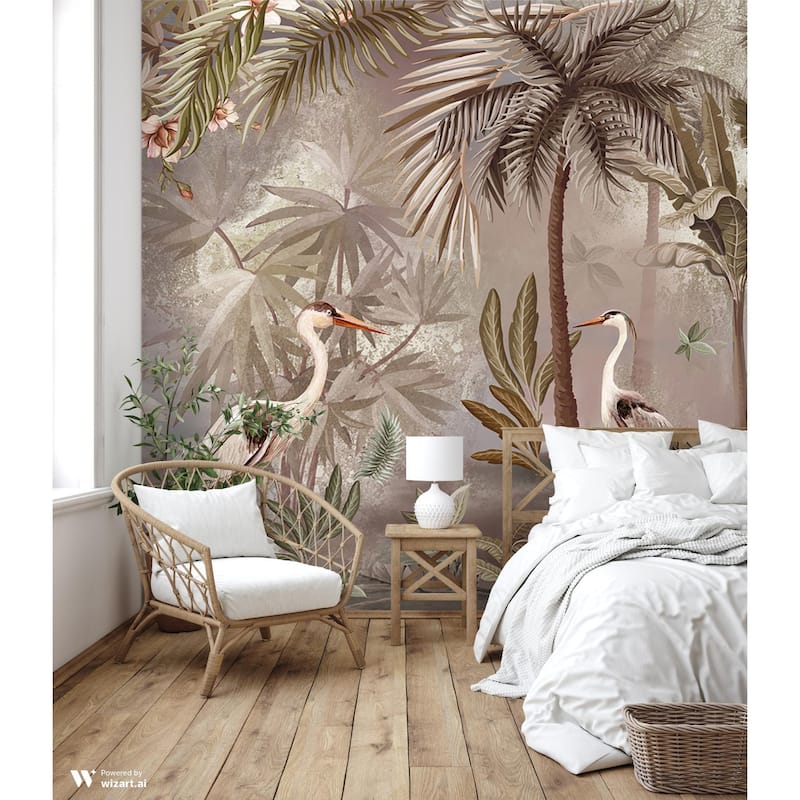 Serene Tropical Oasis Wallpaper Mural Herons and Palm Trees