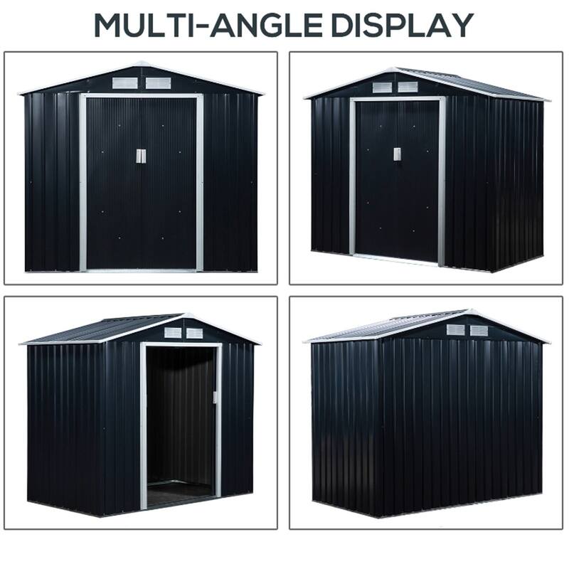 Dark Grey Galvanized Steel Outdoor Storage Shed with Sliding Doors and Vents - 83.75” W x 51.25” D x 72.75” H