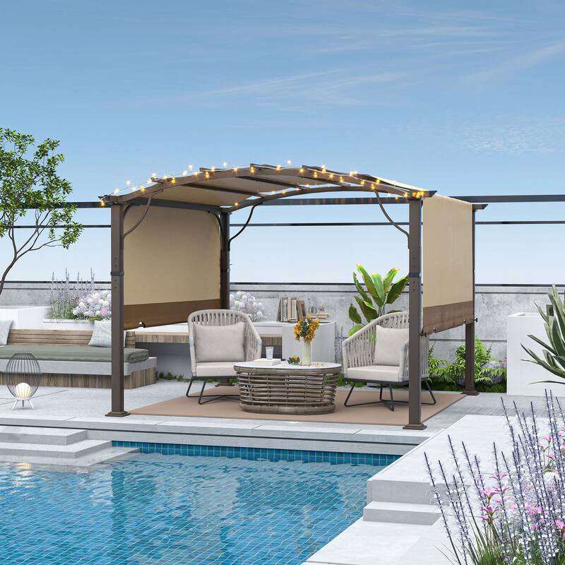 Aluminum Outdoor Pergola with Slightly Arched Canopy and Retractable Shade