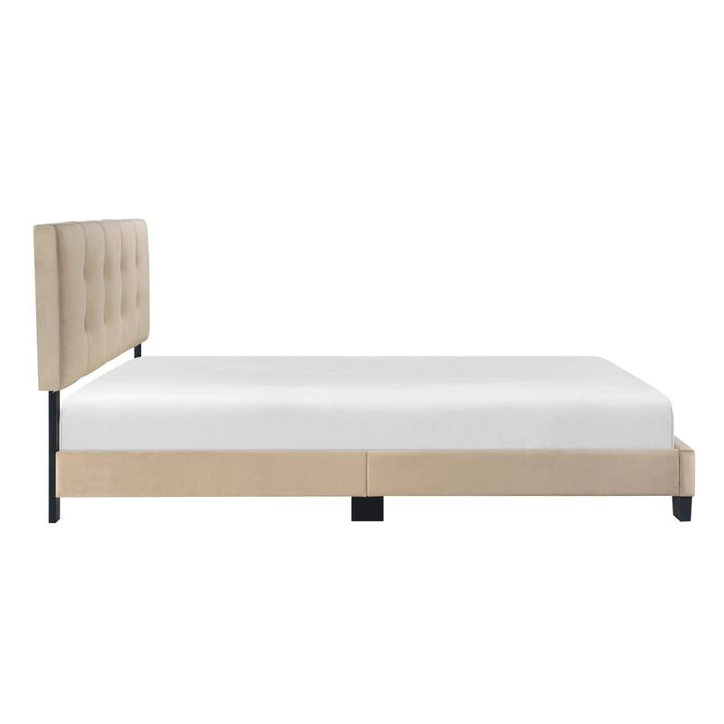 Queen Platform Bed with Adjustable Height Headboard, Light Brown Velvet Upholstery, Solid Wood Frame
