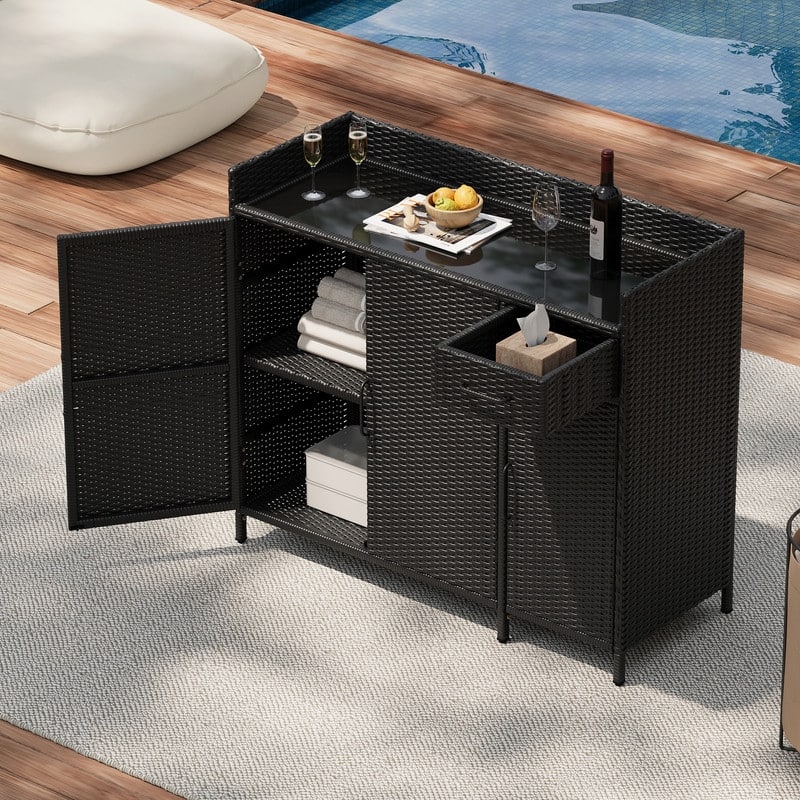 Wicker Outdoor Storage Cabinet with Adjustable Shelf and Durable Black Tempered Glass Top for Organization