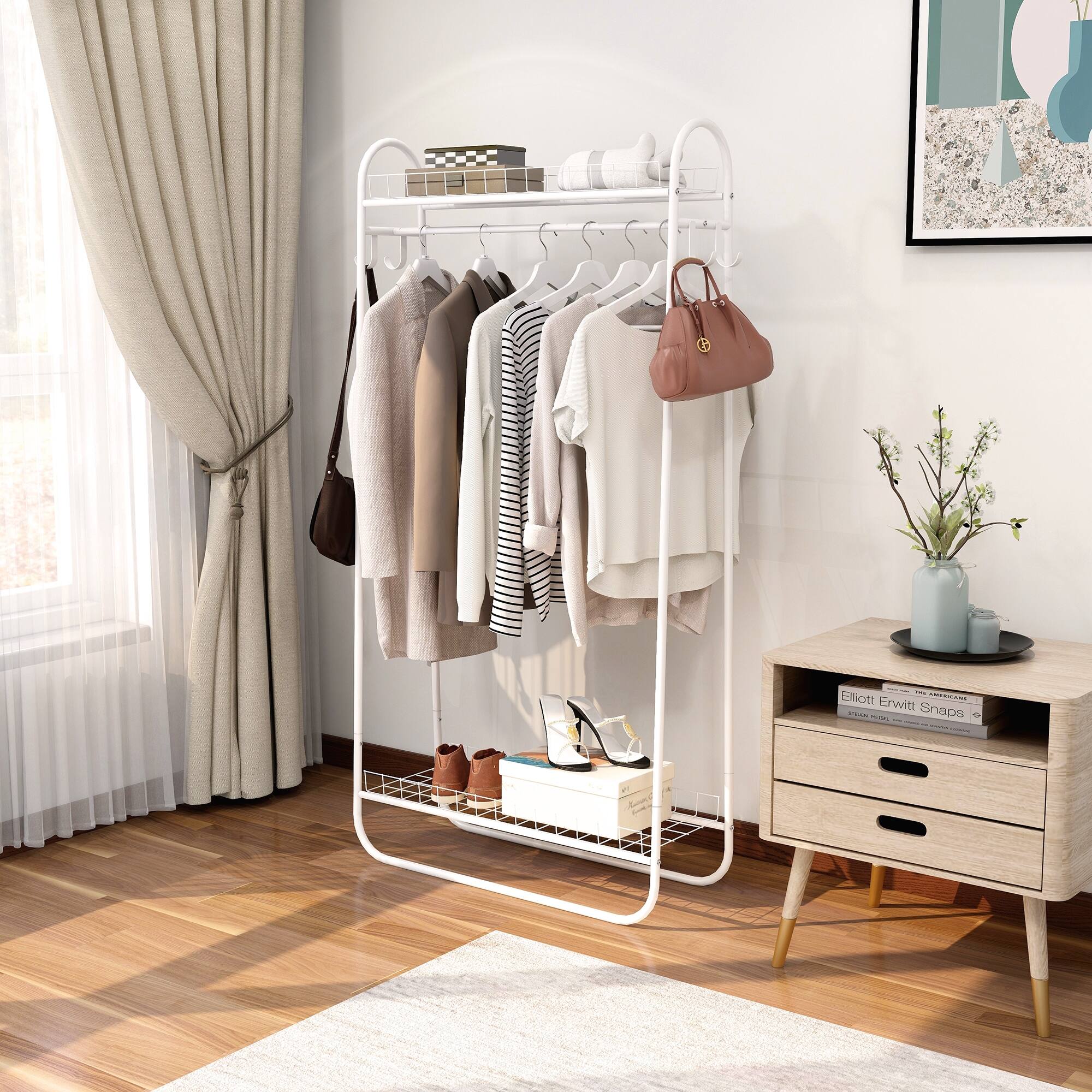 White Metal Free-Standing Closet Organizer Double Hanging Rod Clothes ...