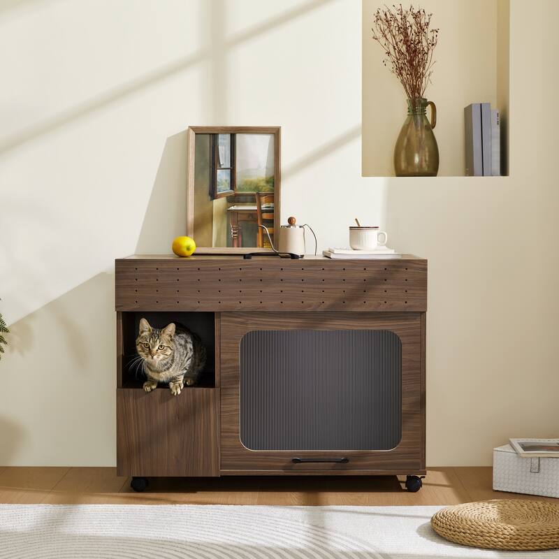 Cat Litter Box Enclosure, Hidden Litter Box Furniture Cabinet, Cat House Side End Table with Scratching Pad, Cat - Brown - Brown