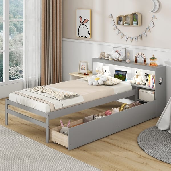 slide 2 of 18, Twin Size Bed Frame with LED Light and Bookcase Headboard Grey