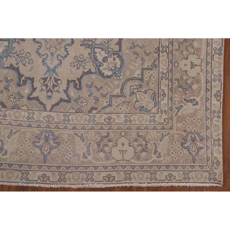Vintage Distressed Tabriz Persian Rug Beige Handmade Wool Carpet - 6'11" x 10'4"