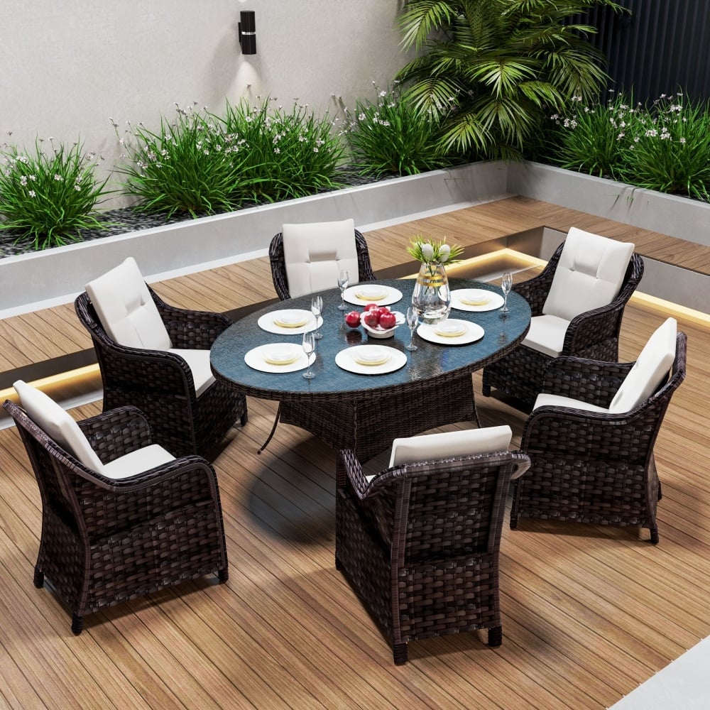Outdoor Patio Garden Dining Set with Oval Table and 6 Wicker Chairs