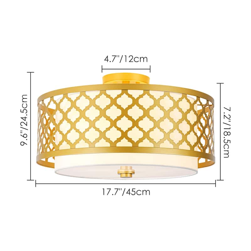 3-light Modern Gold Cylinder Drum Fabric Semi-Flush Mount Light - 17.7 in. W x 9.7 in. H