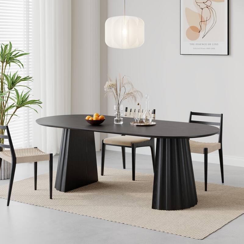 Modern Oval Wooden Dining Table - 79" Large Size, Sturdy Fluted Base, Natural Oak Finish for Dining Room