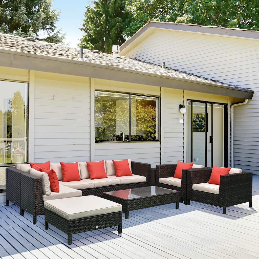 Outsunny 9 Piece Rattan Wicker Outdoor Patio Furniture Sectional Sofa Set with Contemporary Design & Supportive Comfort