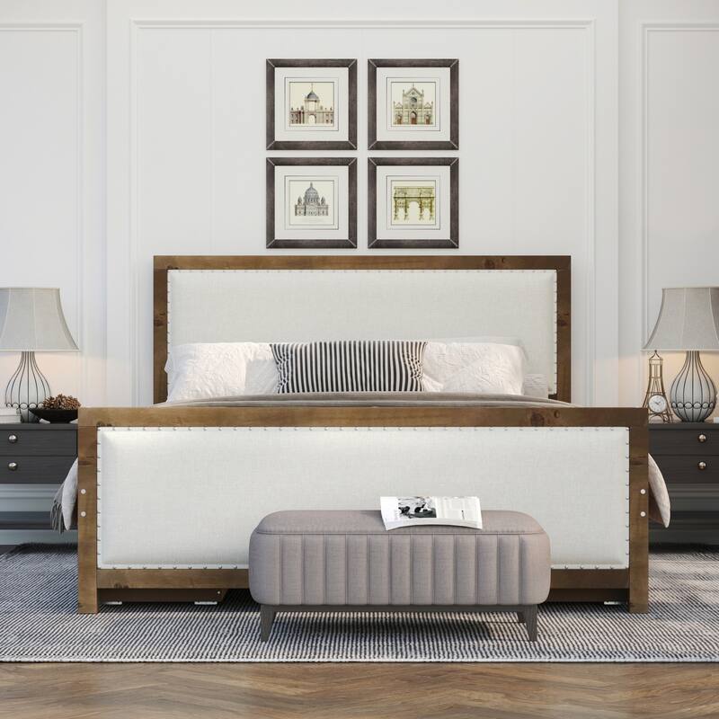 Full Size Upholstered Platform Bed with Wood Frame and 4 Drawers