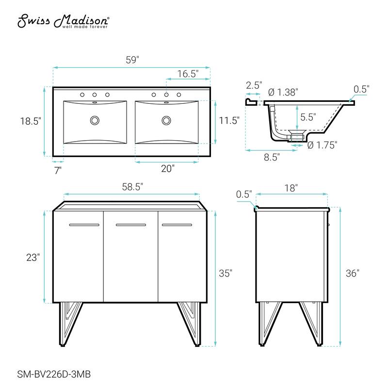 Annecy 60 In. Black Walnut, Double Basin Bathroom Vanity With Black, 3-Hole ArtificialStone Sink Top