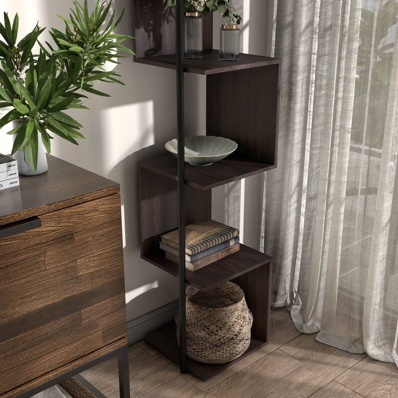 Furniture of America Linnea Modern 5 Tier Accent Corner Bookcase, Freestanding Display Bookshelf with Metal Post