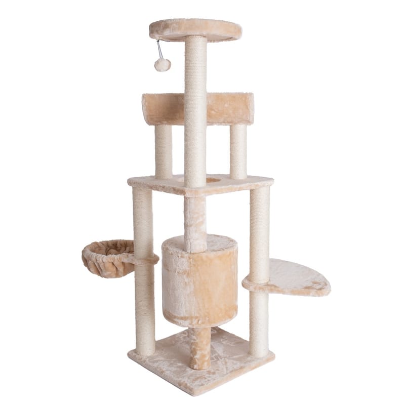 Thick Wood Cat Tower With Basket Lounge, Ramp, Beige - Beige