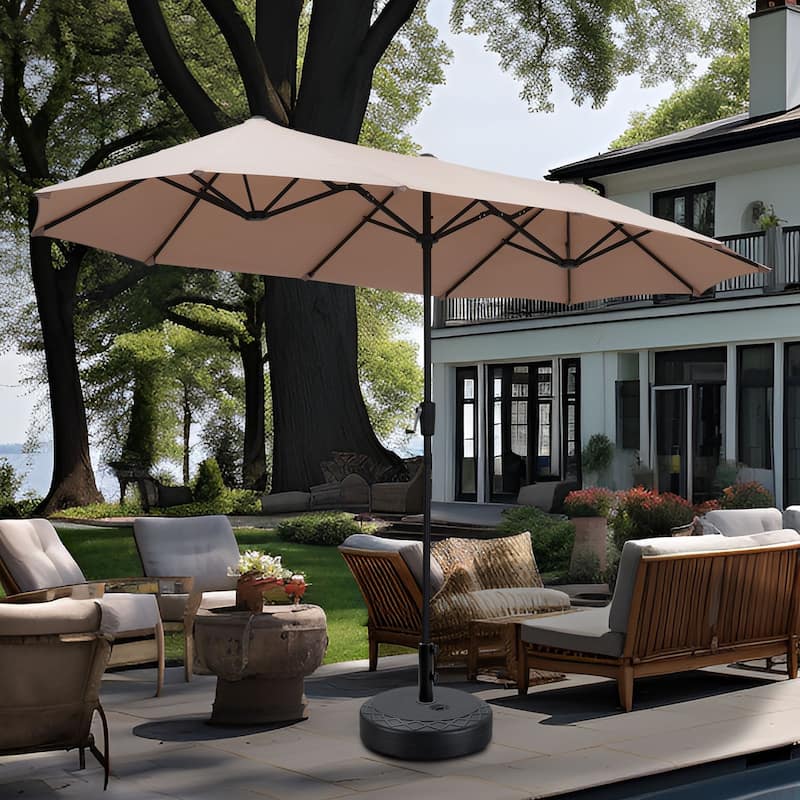 13 ft Patio Umbrella with Base Double-Sided Rectangular Outdoor Deck Umbrella - Khaki