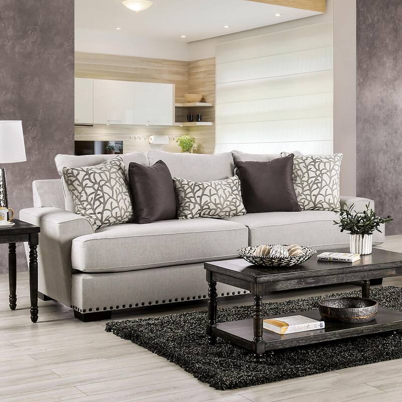 Bule Transitional Light Grey Fabric Upholstered Nailhead Trim Sofa with Pillows by Furniture of America - With Care Kit