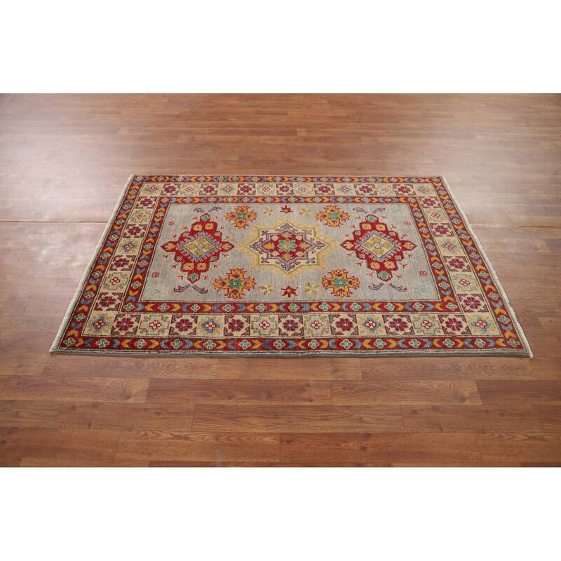 Kazak Oriental Foyer Rug Handmade Grey Wool Carpet - 3'4" x 5'1"